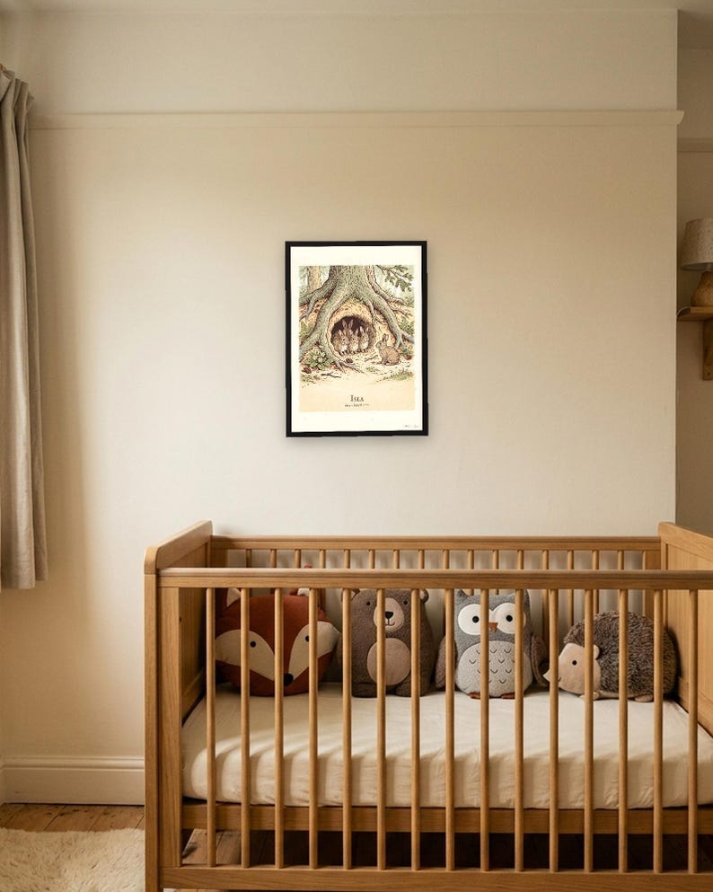 Personalised Peter Rabbit nursery print in the style of a Caldecott colour wood engraving: four little rabbits in a sand-bank under the root of a big fir tree, with the first line of the story and a band for the baby's name and date.