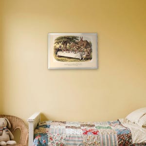 Alice in Wonderland art print in Victorian colour wood engraving style: the Mad Tea-Party, with the Hatter, the March Hare and the sleeping Dormouse at a long table, Alice in a big armchair and the ear-chimneyed house behind. Shown framed in black, white or natural oak and unframed, with the style reference and behind-the-scenes shots.