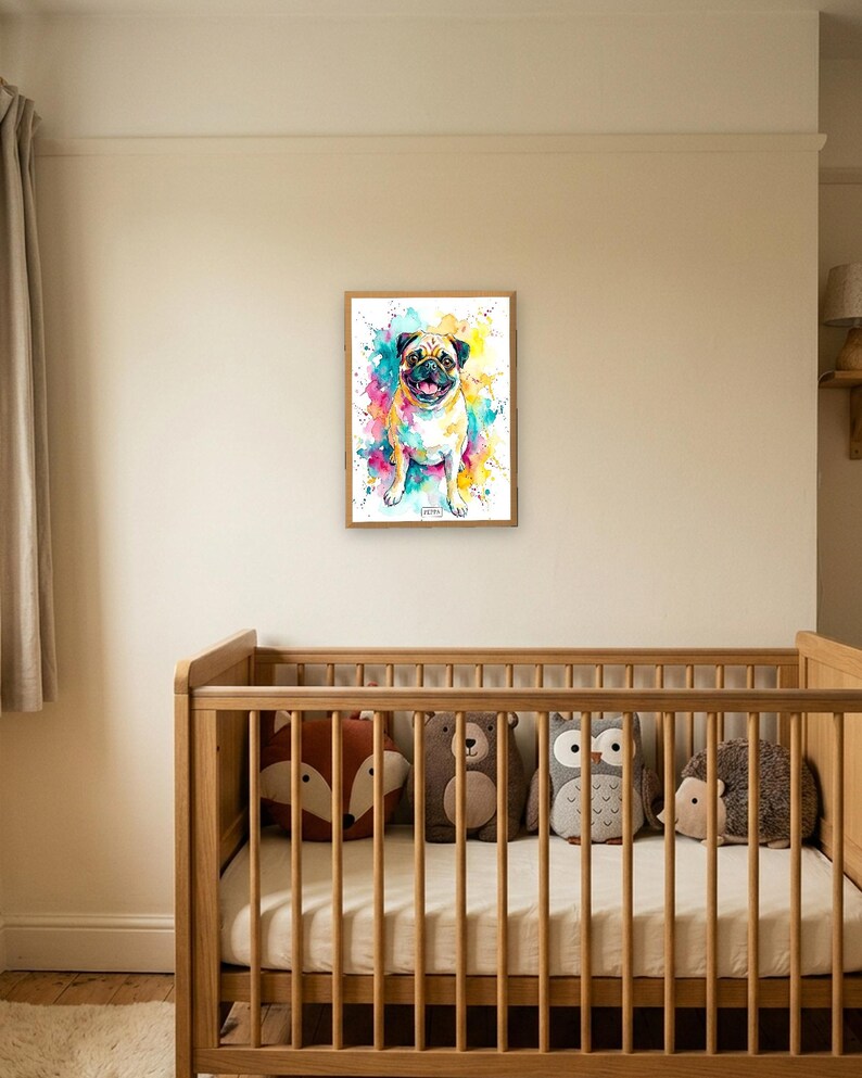Personalised pet portrait print: Bright watercolour, A3 in a natural oak frame, woodland nursery