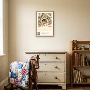 Personalised Peter Rabbit nursery print in the style of a Caldecott colour wood engraving: four little rabbits in a sand-bank under the root of a big fir tree, with the first line of the story and a band for the baby's name and date.