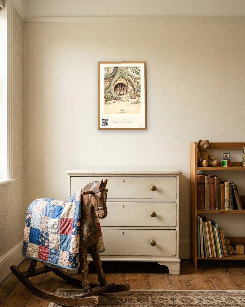 Personalised Peter Rabbit nursery print in the style of a Caldecott colour wood engraving: four little rabbits in a sand-bank under the root of a big fir tree, with the first line of the story and a band for the baby's name and date.
