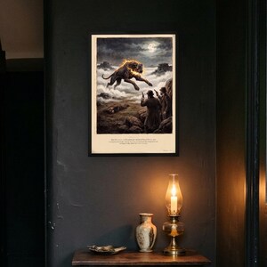 Hound of the Baskervilles art print in a 1790s colour print style: a huge black hound bursts out of the fog on Dartmoor under a full moon as two men with revolvers rise from the rocks. Shown framed in black, white or natural oak and unframed, with the style reference and behind-the-scenes shots.