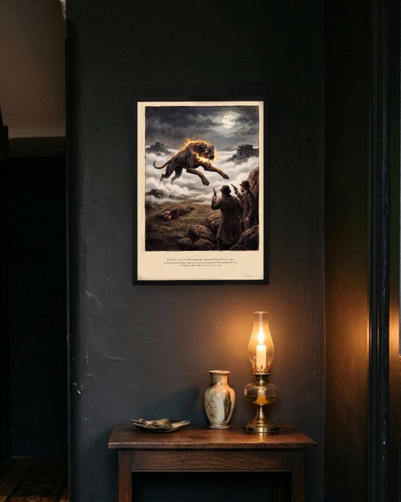 Hound of the Baskervilles art print in a 1790s colour print style: a huge black hound bursts out of the fog on Dartmoor under a full moon as two men with revolvers rise from the rocks. Shown framed in black, white or natural oak and unframed, with the style reference and behind-the-scenes shots.