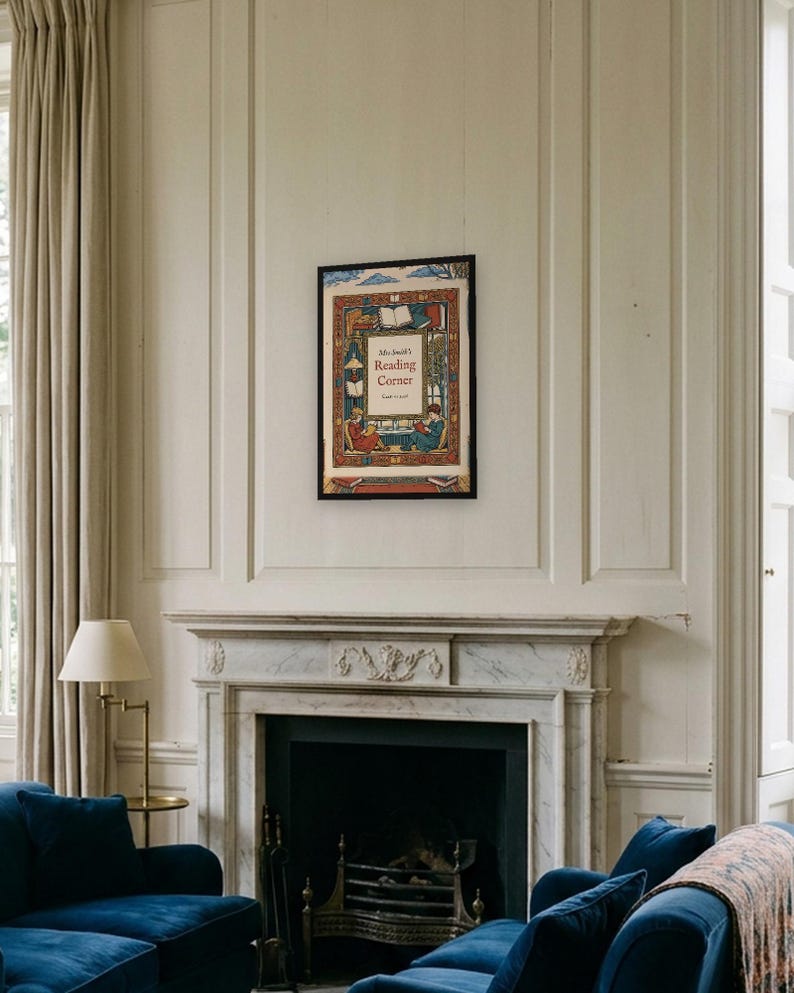 Personalised reading corner bookplate print in engraved ink on cream: a border of stacked books, a reading lamp and an open window, with Ex Libris above and a teacher's name and class year set in the centre.