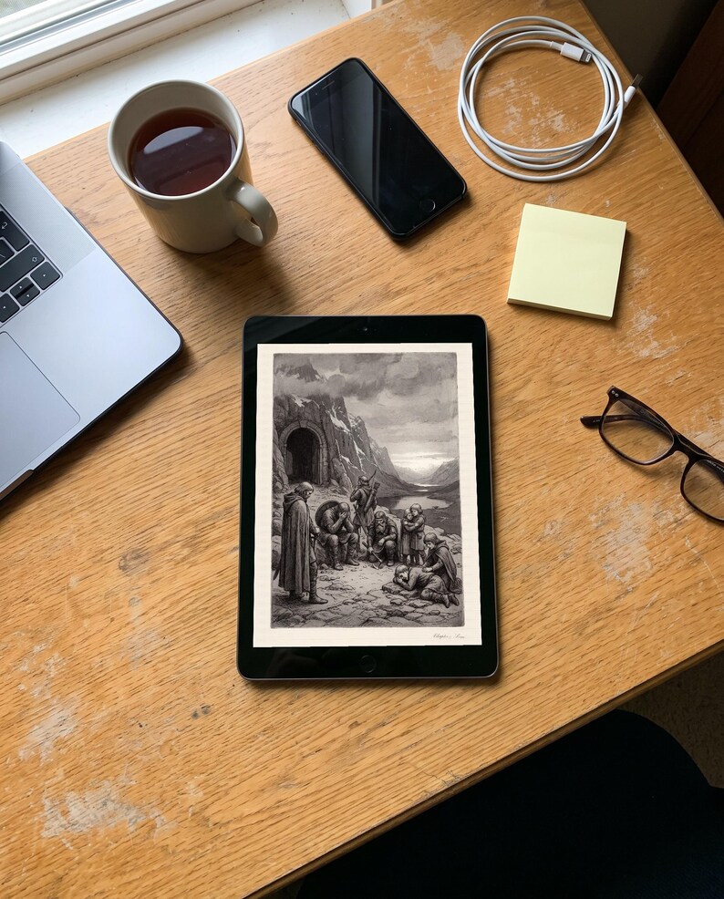 Lord of the Rings Art Print, Fellowship Grief at Moria Etching Wall Art, Lothlorien Tolkien Gift image 9