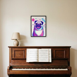 Personalised pet portrait print: Risograph, A3 in a black frame, piano room