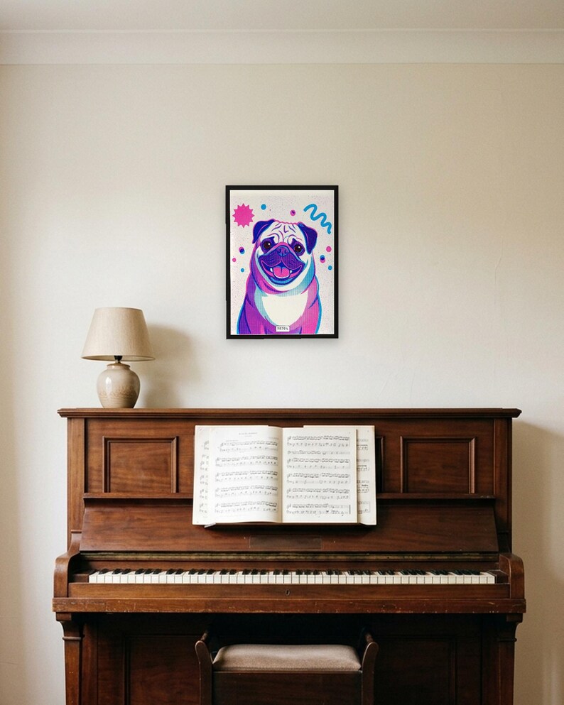 Personalised pet portrait print: Risograph, A3 in a black frame, piano room