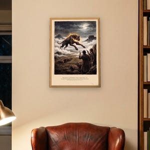 Hound of the Baskervilles art print in a 1790s colour print style: a huge black hound bursts out of the fog on Dartmoor under a full moon as two men with revolvers rise from the rocks. Shown framed in black, white or natural oak and unframed, with the style reference and behind-the-scenes shots.
