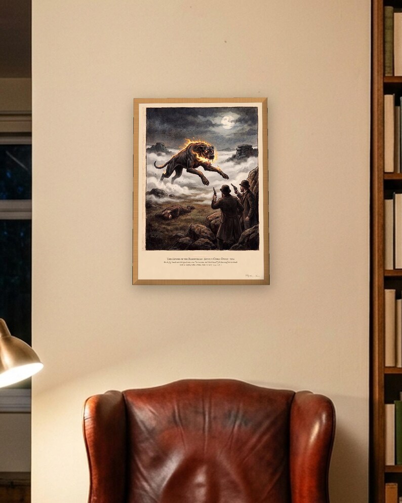 Hound of the Baskervilles art print in a 1790s colour print style: a huge black hound bursts out of the fog on Dartmoor under a full moon as two men with revolvers rise from the rocks. Shown framed in black, white or natural oak and unframed, with the style reference and behind-the-scenes shots.