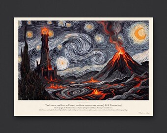 Lord of the Rings by Van Gogh Art Print, Starry Night over Mordor, Eye of Sauron and Mount Doom Wall Art, Tolkien Fantasy Gift