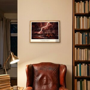 Blood Meridian art print in 1930s Southwest desert painting style: a pale figure stands on the roof of a ruined adobe with arms raised to the lightning, men round a fire in the doorway below, rain over the desert. Shown framed in black, white or natural oak and unframed, with the style reference and behind-the-scenes shots.