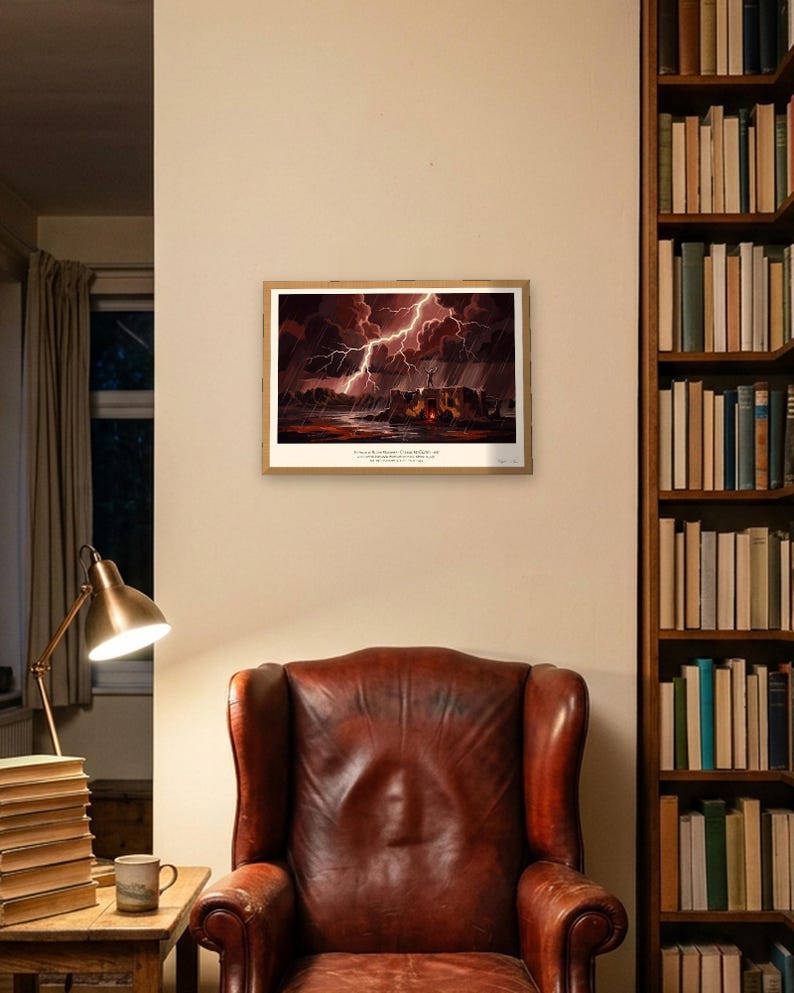 Blood Meridian art print in 1930s Southwest desert painting style: a pale figure stands on the roof of a ruined adobe with arms raised to the lightning, men round a fire in the doorway below, rain over the desert. Shown framed in black, white or natural oak and unframed, with the style reference and behind-the-scenes shots.