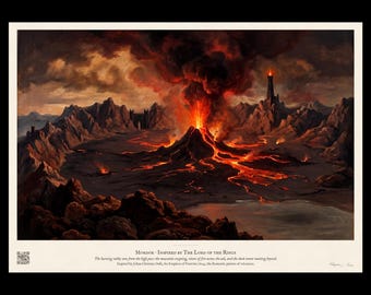 Mordor Art Print, The Burning Valley, Mount Doom Erupting Beneath the Dark Tower, Lord of the Rings Inspired Volcano Wall Art