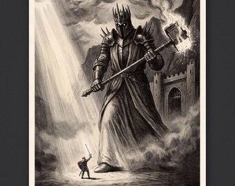 The Silmarillion by Rembrandt Art Print, Fingolfin vs Morgoth at the Gates of Angband, Tolkien Dark Fantasy Etching Wall Art