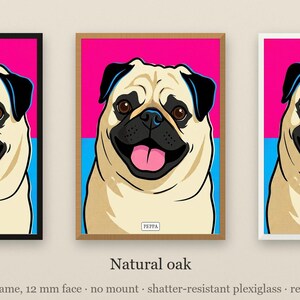 Personalised pet portrait print: The three frame finishes side by side: black, natural oak, white