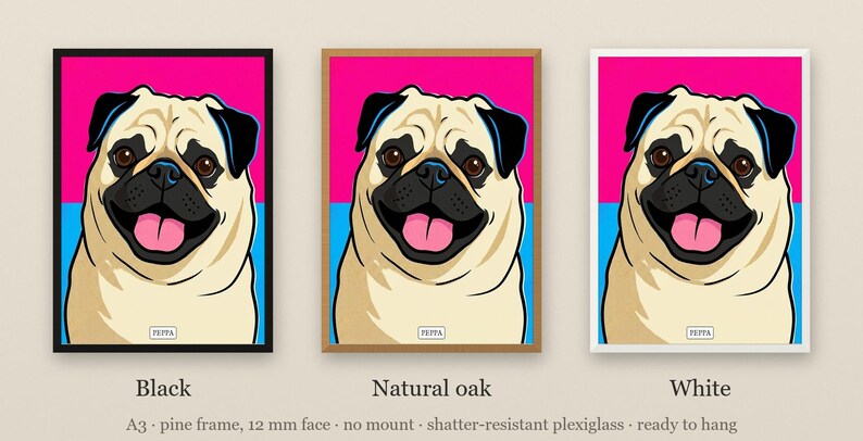 Personalised pet portrait print: The three frame finishes side by side: black, natural oak, white