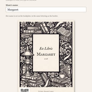 Personalised ex libris bookplate print in engraved ink on cream: a border of stacked books, a reading lamp and a cup of tea, with Ex Libris above and a mum's name and a year set in the centre.
