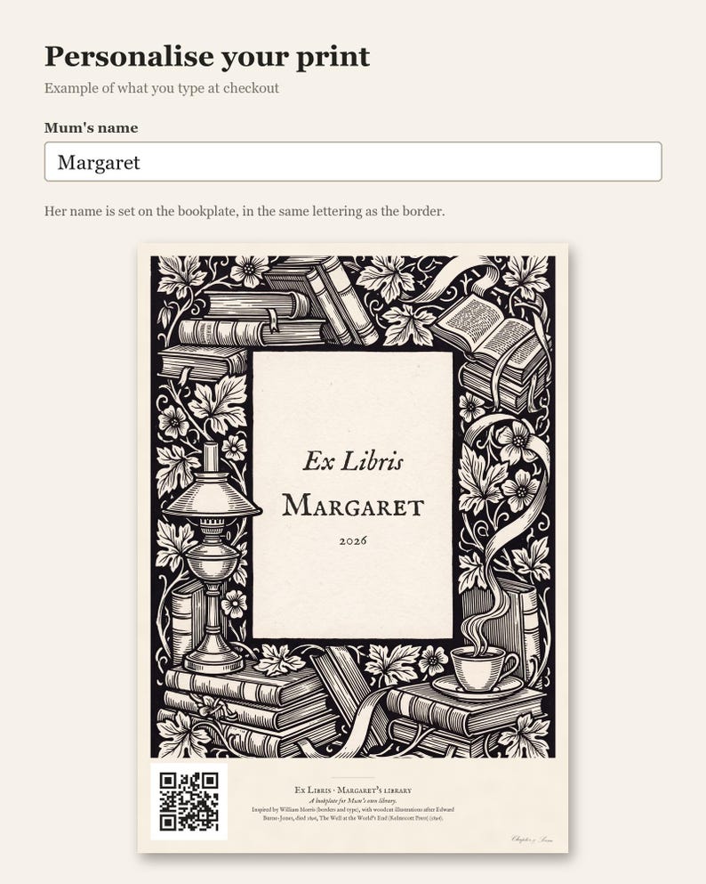 Personalised ex libris bookplate print in engraved ink on cream: a border of stacked books, a reading lamp and a cup of tea, with Ex Libris above and a mum's name and a year set in the centre.