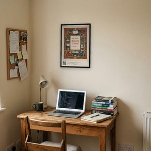 Personalised reading corner bookplate print in engraved ink on cream: a border of stacked books, a reading lamp and an open window, with Ex Libris above and a teacher's name and class year set in the centre.