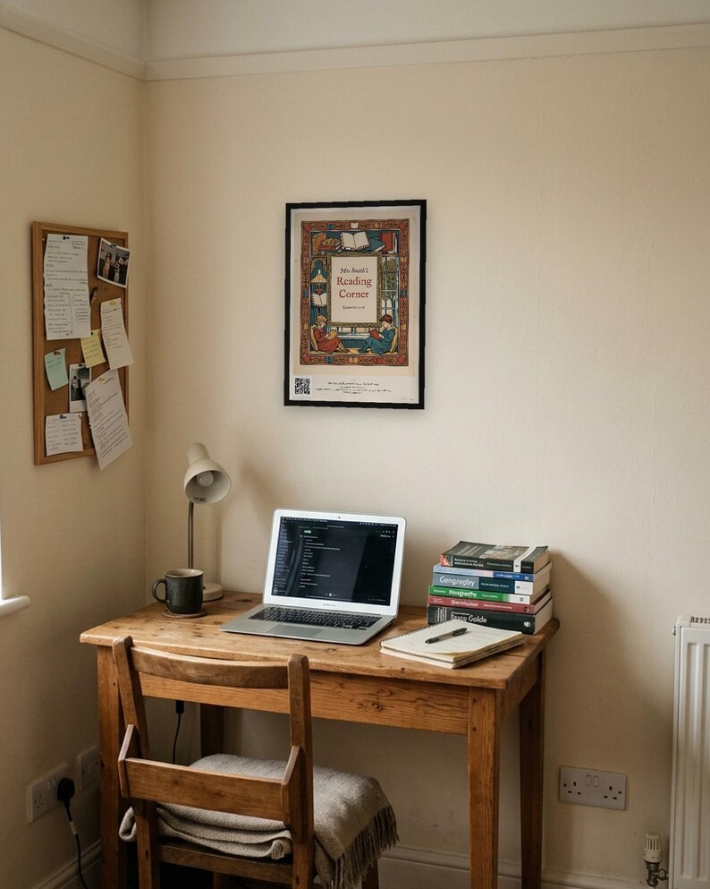 Personalised reading corner bookplate print in engraved ink on cream: a border of stacked books, a reading lamp and an open window, with Ex Libris above and a teacher's name and class year set in the centre.
