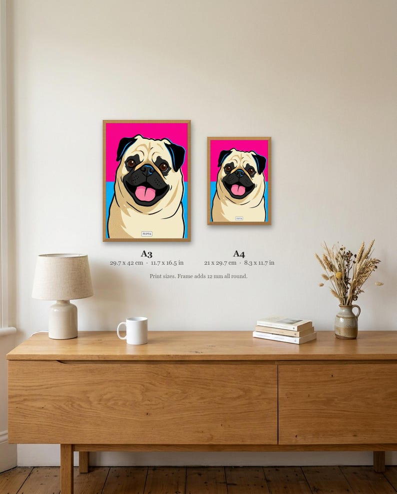 Personalised pet portrait print: Size guide: A3 and A4 side by side
