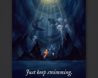 Just Keep Swimming Print, Finding Nemo Inspired Ocean Wall Art, Clownfish Watercolour Quote Poster, Motivational Gift