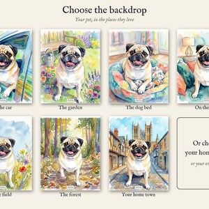 Personalised pet portrait print: Seven backdrops, or your home town, or your own idea