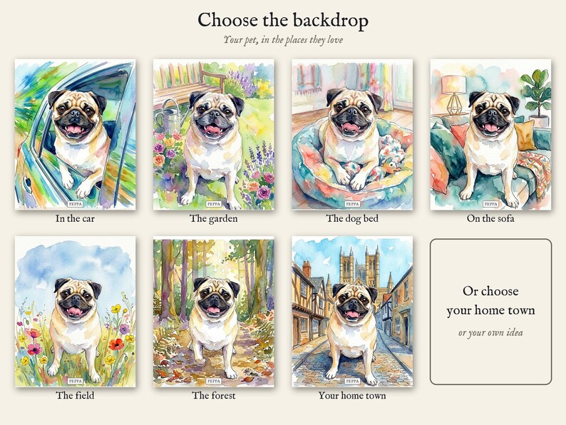 Personalised pet portrait print: Seven backdrops, or your home town, or your own idea