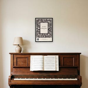 Personalised ex libris bookplate print in engraved ink on cream: a border of stacked books, a reading lamp and a cup of tea, with Ex Libris above and a mum's name and a year set in the centre.