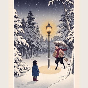 Snowy woodland art print in a white frame above a Christmas mantel: a girl in a blue coat finds a glowing lamp-post as a faun with an umbrella and parcels hurries towards her.