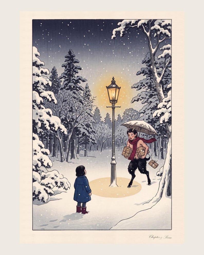 Snowy woodland art print in a white frame above a Christmas mantel: a girl in a blue coat finds a glowing lamp-post as a faun with an umbrella and parcels hurries towards her.