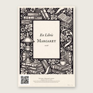 Personalised ex libris bookplate print in engraved ink on cream: a border of stacked books, a reading lamp and a cup of tea, with Ex Libris above and a mum's name and a year set in the centre.