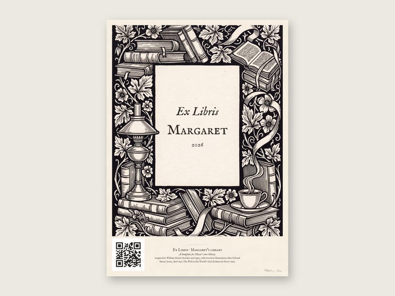 Personalised ex libris bookplate print in engraved ink on cream: a border of stacked books, a reading lamp and a cup of tea, with Ex Libris above and a mum's name and a year set in the centre.