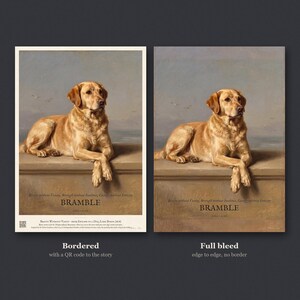 Personalised dog memorial print in the style of Edwin Landseer: a gentle portrait of a dog at rest, with Lord Byron's epitaph, Beauty without Vanity, Strength without Insolence, Courage without Ferocity, and a line for the dog's name and years.