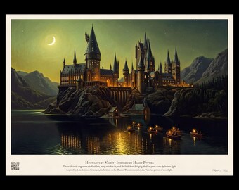 Hogwarts by Night Art Print, Moonlit Castle and Lantern Boats on the Lake, Wizard School Wall Art, Victorian Moonlight Painting