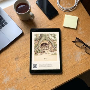 Personalised Peter Rabbit nursery print in the style of a Caldecott colour wood engraving: four little rabbits in a sand-bank under the root of a big fir tree, with the first line of the story and a band for the baby's name and date.