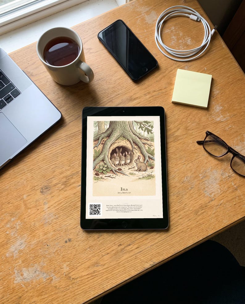 Personalised Peter Rabbit nursery print in the style of a Caldecott colour wood engraving: four little rabbits in a sand-bank under the root of a big fir tree, with the first line of the story and a band for the baby's name and date.