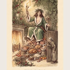 A Christmas Carol art print in Edwardian ink and watercolour style: the Ghost of Christmas Present in a green fur-trimmed robe and holly crown sits on a heap of Christmas food as Scrooge peers round the door. Shown framed in black, white or natural oak and unframed, with the style reference and behind-the-scenes shots.