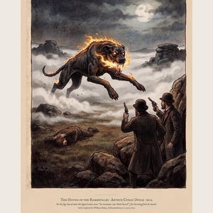 Hound of the Baskervilles art print in a 1790s colour print style: a huge black hound bursts out of the fog on Dartmoor under a full moon as two men with revolvers rise from the rocks. Shown framed in black, white or natural oak and unframed, with the style reference and behind-the-scenes shots.
