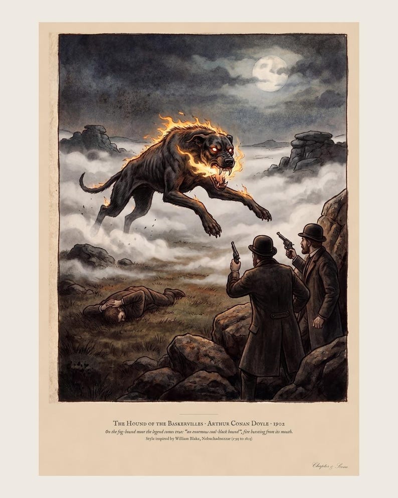 Hound of the Baskervilles art print in a 1790s colour print style: a huge black hound bursts out of the fog on Dartmoor under a full moon as two men with revolvers rise from the rocks. Shown framed in black, white or natural oak and unframed, with the style reference and behind-the-scenes shots.