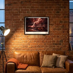 Blood Meridian art print in 1930s Southwest desert painting style: a pale figure stands on the roof of a ruined adobe with arms raised to the lightning, men round a fire in the doorway below, rain over the desert. Shown framed in black, white or natural oak and unframed, with the style reference and behind-the-scenes shots.