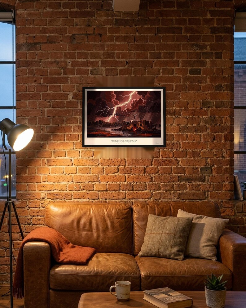 Blood Meridian art print in 1930s Southwest desert painting style: a pale figure stands on the roof of a ruined adobe with arms raised to the lightning, men round a fire in the doorway below, rain over the desert. Shown framed in black, white or natural oak and unframed, with the style reference and behind-the-scenes shots.