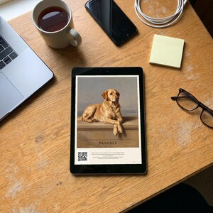 Personalised dog memorial print in the style of Edwin Landseer: a gentle portrait of a dog at rest, with Lord Byron's epitaph, Beauty without Vanity, Strength without Insolence, Courage without Ferocity, and a line for the dog's name and years.