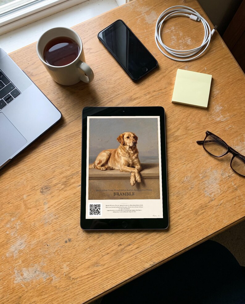 Personalised dog memorial print in the style of Edwin Landseer: a gentle portrait of a dog at rest, with Lord Byron's epitaph, Beauty without Vanity, Strength without Insolence, Courage without Ferocity, and a line for the dog's name and years.