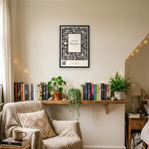 Personalised ex libris bookplate print in engraved ink on cream: a border of stacked books, a reading lamp and a cup of tea, with Ex Libris above and a mum's name and a year set in the centre.