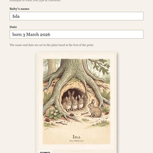 Personalised Peter Rabbit nursery print in the style of a Caldecott colour wood engraving: four little rabbits in a sand-bank under the root of a big fir tree, with the first line of the story and a band for the baby's name and date.