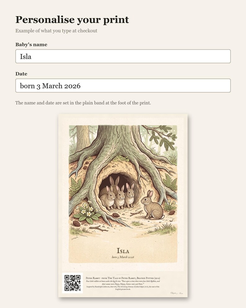 Personalised Peter Rabbit nursery print in the style of a Caldecott colour wood engraving: four little rabbits in a sand-bank under the root of a big fir tree, with the first line of the story and a band for the baby's name and date.