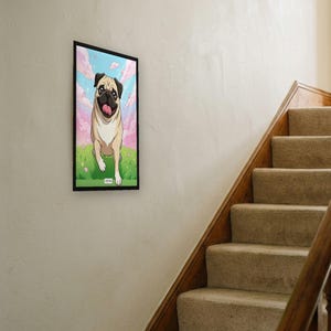Personalised pet portrait print: Anime, A3 in a black frame, stair wall, mid-climb