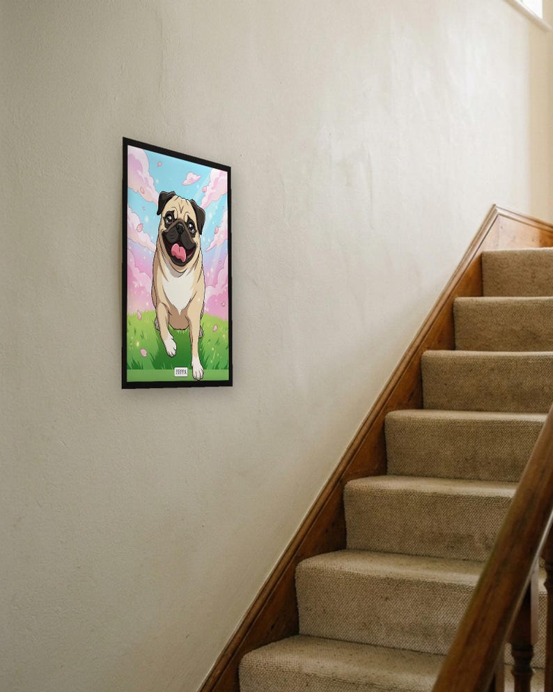 Personalised pet portrait print: Anime, A3 in a black frame, stair wall, mid-climb