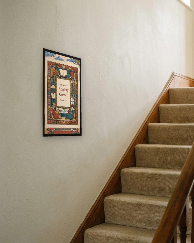 Personalised reading corner bookplate print in engraved ink on cream: a border of stacked books, a reading lamp and an open window, with Ex Libris above and a teacher's name and class year set in the centre.